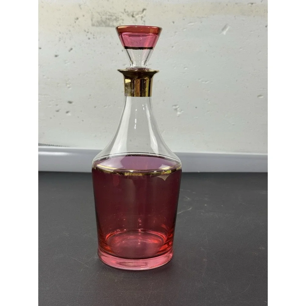 Cranberry Glass Decanter and Matching Cordial Glasses Set 7-piece MCM‎